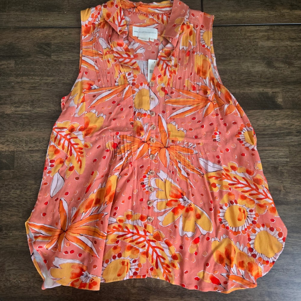 Vera Anthropologie‎ Pintuck Sleeveless Button Down Collared Floral Small